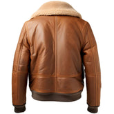 Brown Faux Shearling Fur Bomber Pure Sheepskin Leather Jacket For Men